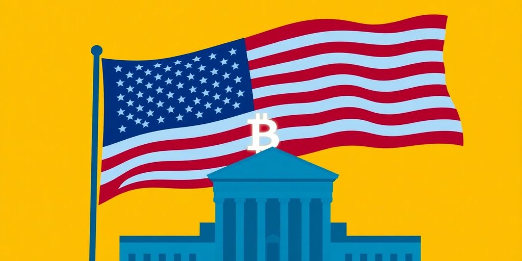 Amerikanische Flagge über Bitcoin-Symbol und Gerichtsgebäude.