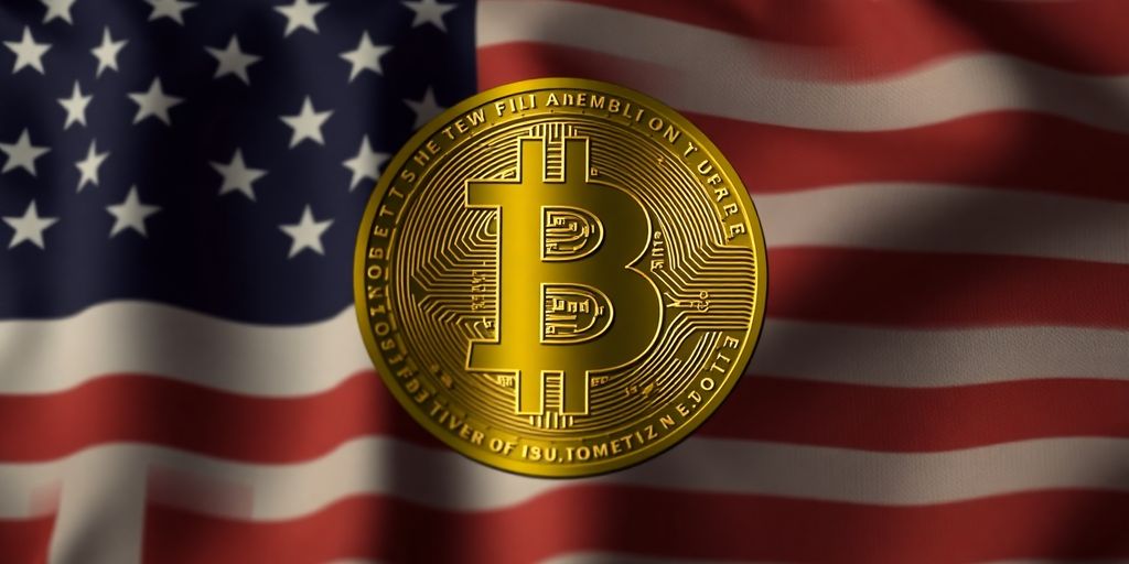 Amerikanische Flagge mit Bitcoin-Symbol im Hintergrund.