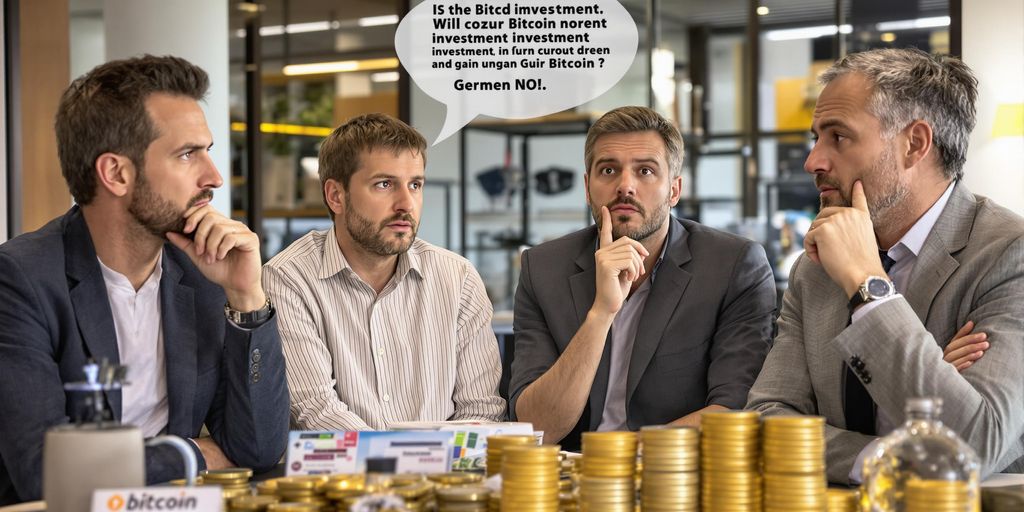 Germans discussing Bitcoin with expressions of uncertainty.
