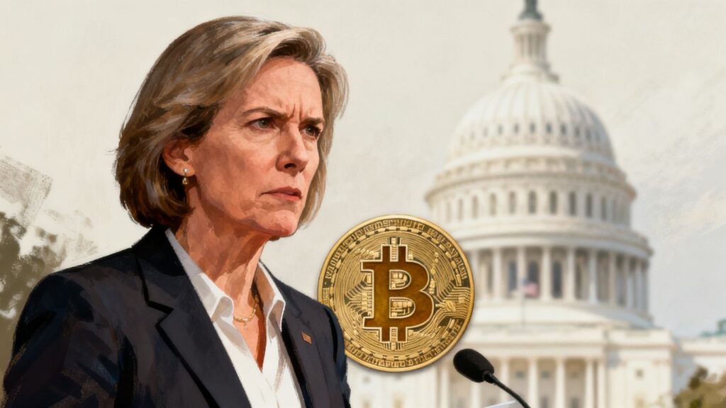 Senator Lummis und Bitcoin-Logo vor Kapitol
