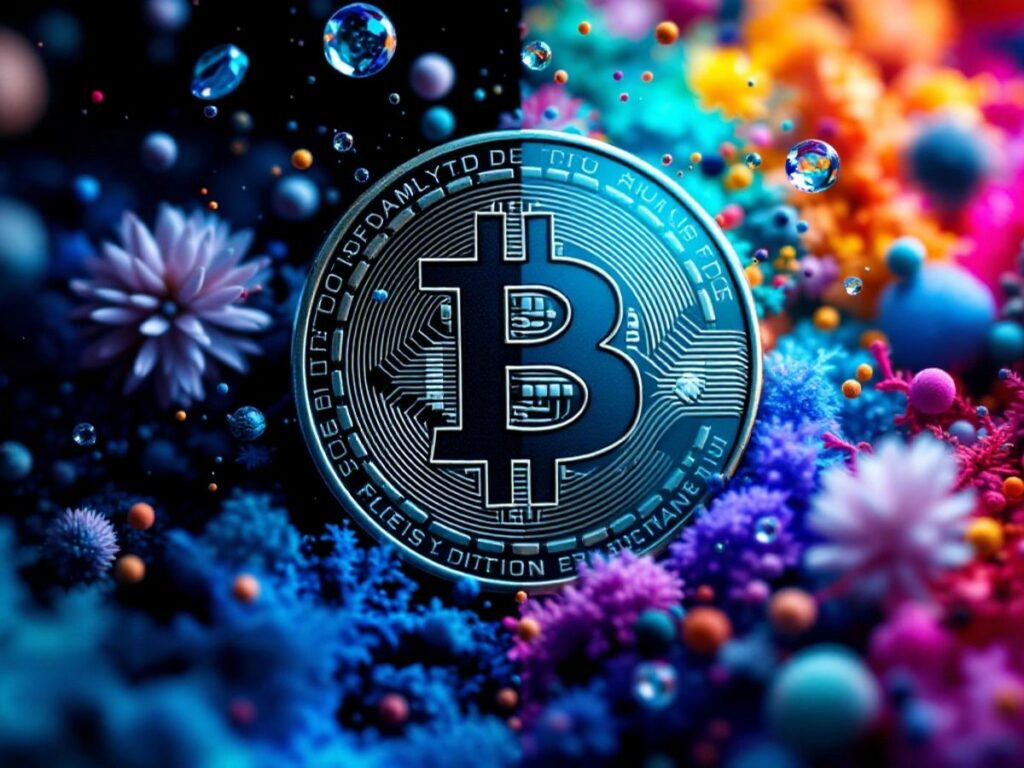 Bitcoin-Münze zwischen zwei kontrastierenden Elementen.