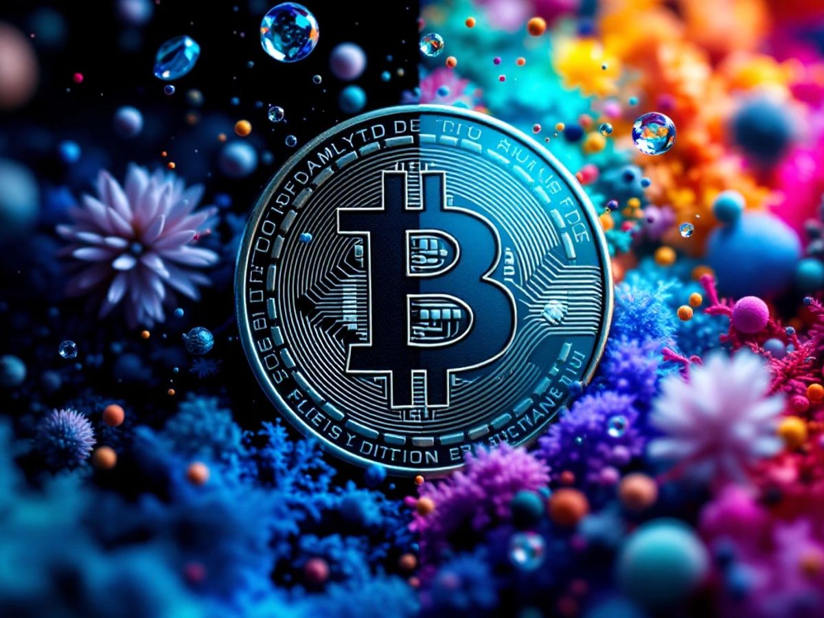 Bitcoin-Münze zwischen zwei kontrastierenden Elementen.