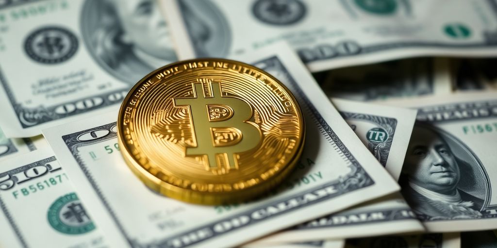 Bitcoin-Münze auf US-Dollar-Scheinen, Finanzwandel.