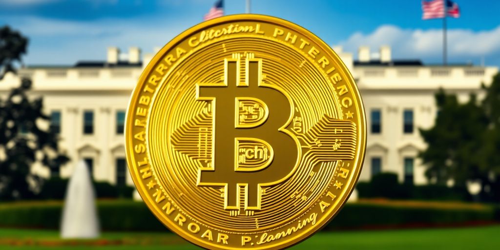 Bitcoin-Münze vor dem Weißen Haus mit US-Flagge.