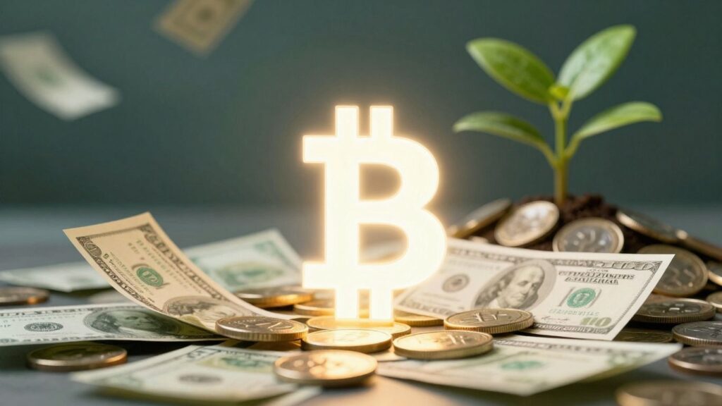 Bitcoin und Geld mit einer Pflanze