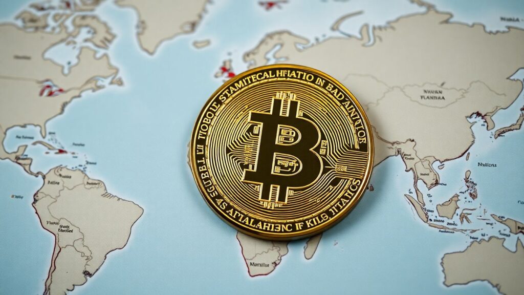 Ein Bitcoin auf einer Weltkarte.