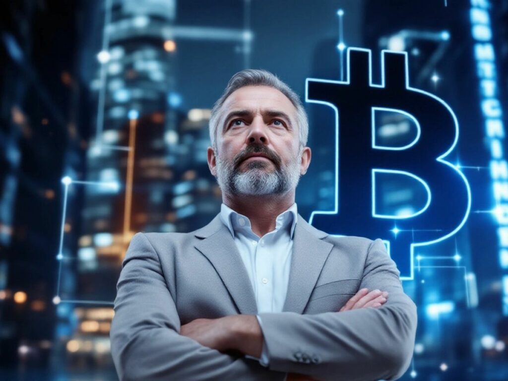 CEO vor Skyline mit Bitcoin-Symbol im Hintergrund