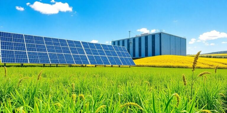 Grünes Feld mit Solarpanels und Bitcoin-Mining-Anlage.