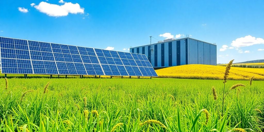 Grünes Feld mit Solarpanels und Bitcoin-Mining-Anlage.