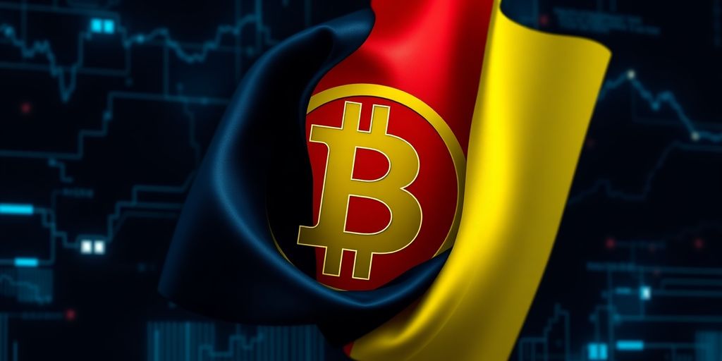 Bitcoin und deutsche Flagge in leuchtenden Farben.