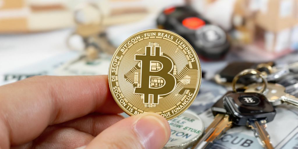 Hand holding Bitcoin with various collateral items.