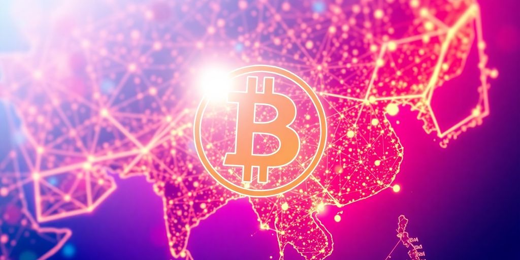 Bitcoin-Symbol auf einem stilisierten Globus.