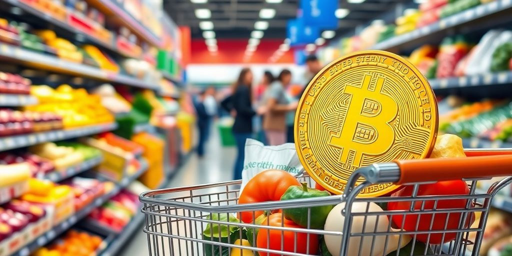 Supermarkt, Einkaufswagen, Bitcoin-Münze, glückliche Kunden