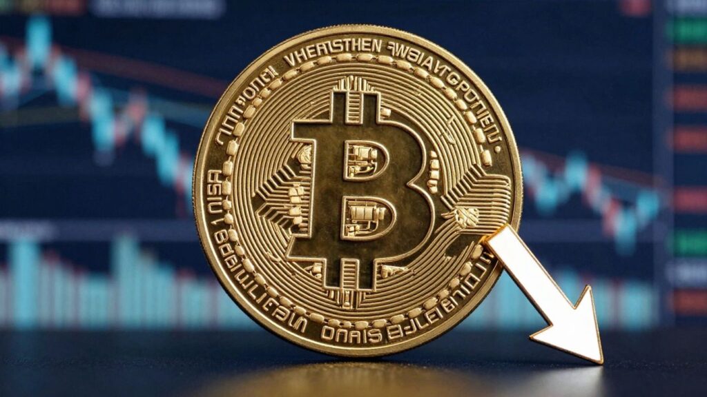 Bitcoin-Münze mit fallendem Pfeil, Finanzdruck