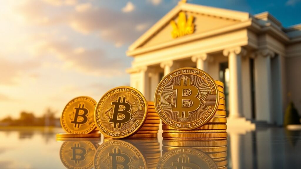 Goldene Bitcoins vor einer eleganten Bank im Hintergrund