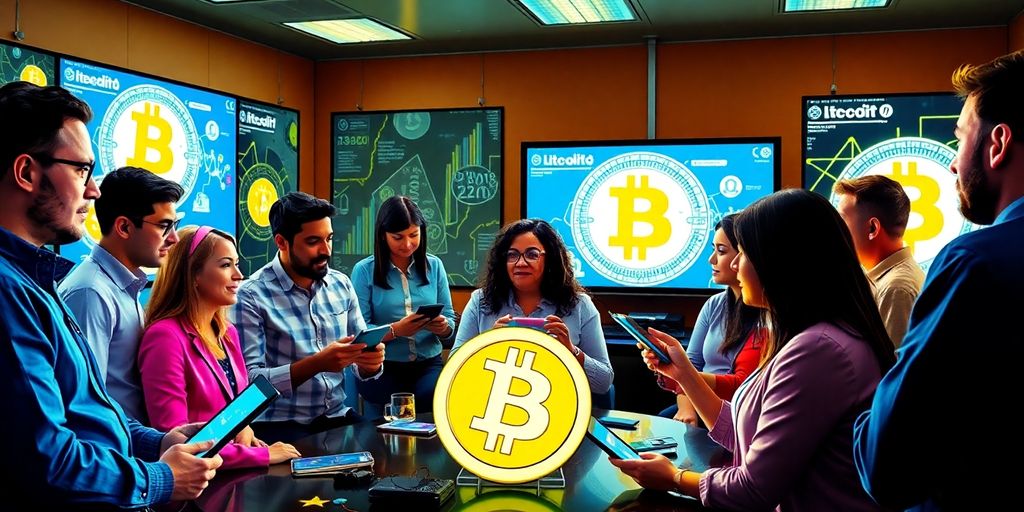 Diverse people discussing Bitcoin in a modern setting.