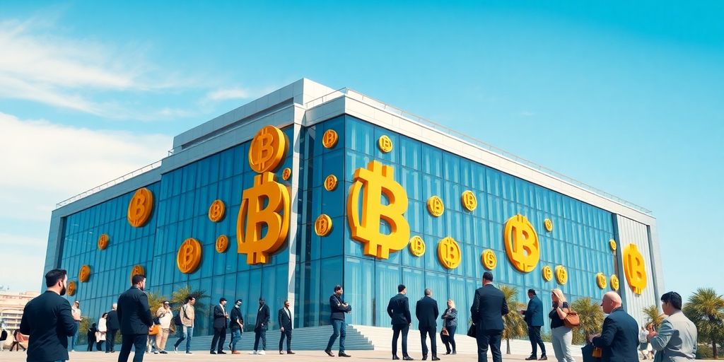 Moderne Finanzgebäude mit Bitcoin-Symbolen und Investoren.