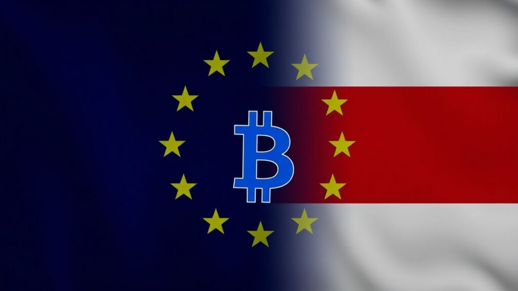 EU-Flagge blockiert russische Flagge und Bitcoin-Symbol.