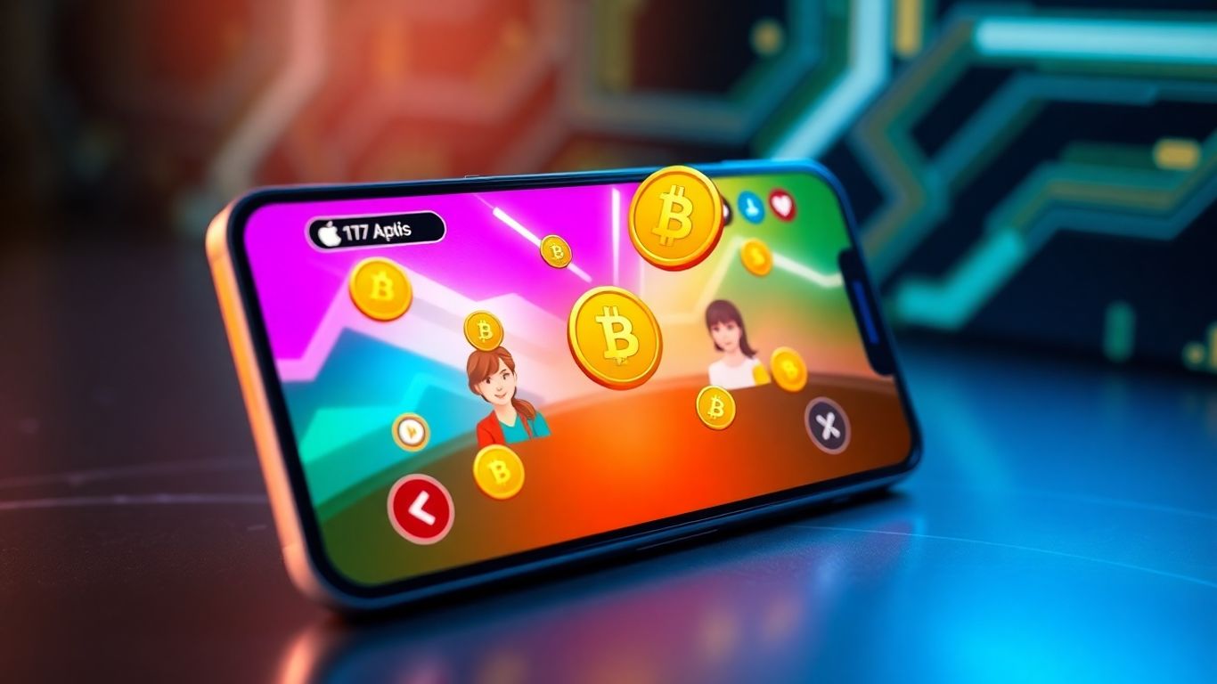 iPhone mit Bitcoin-Münzen und Spielcharakteren auf dem Bildschirm