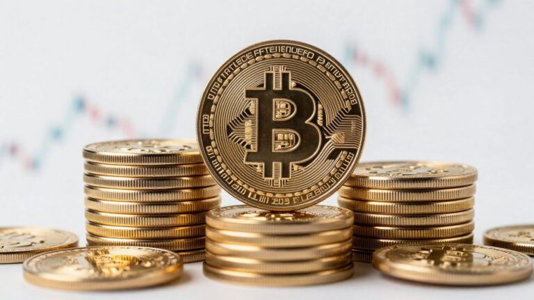 Bitcoin-Münzen stapeln sich hoch, Finanzwachstum angedeutet.