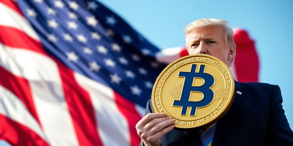 Donald Trump und Bitcoin-Symbol vor amerikanischer Flagge.