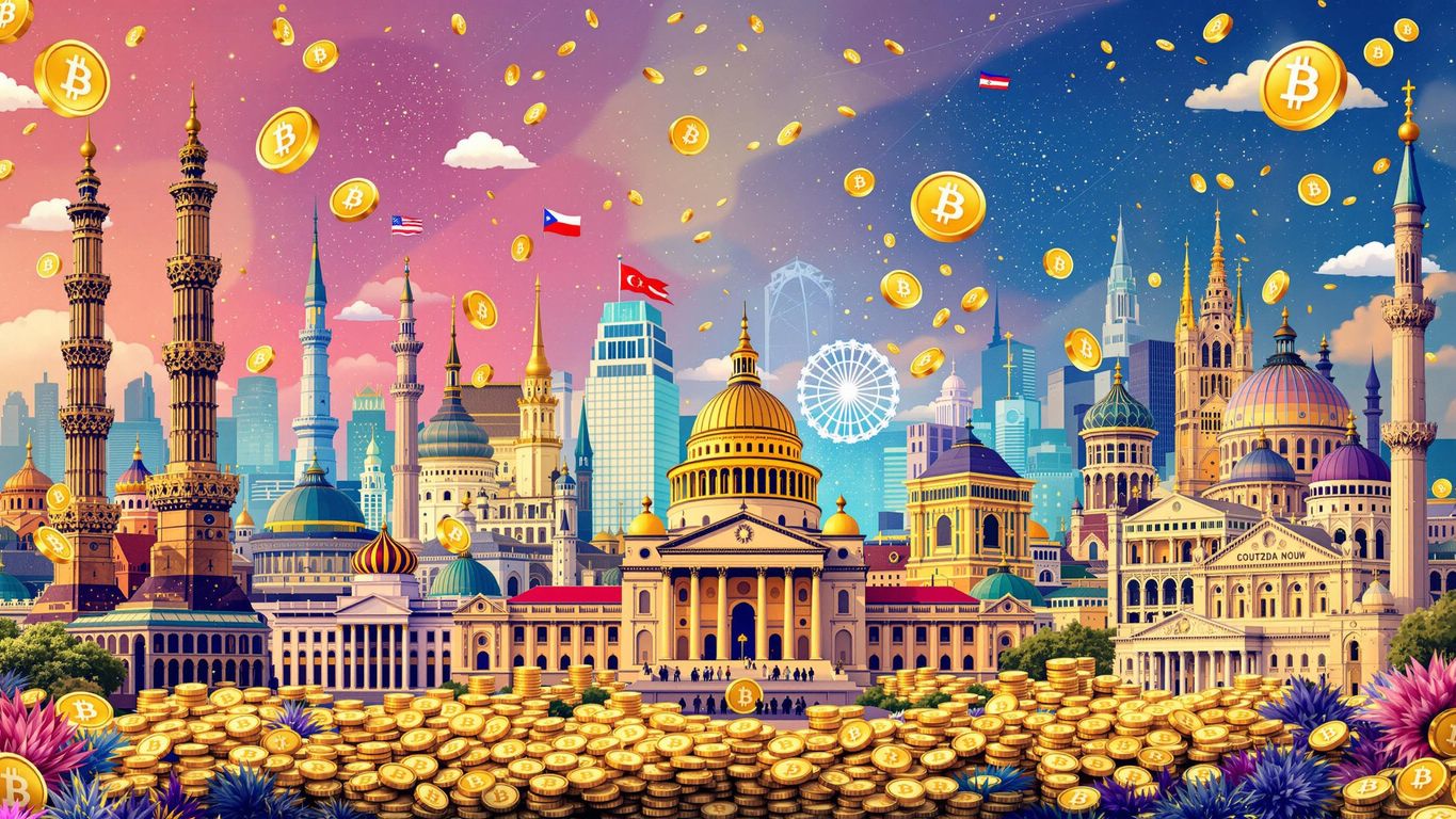 Fotografisches Bild von Bitcoin-Strategien und Regierungsgebäuden.