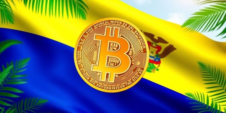Bitcoin-Symbol über der salvadorianischen Flagge.