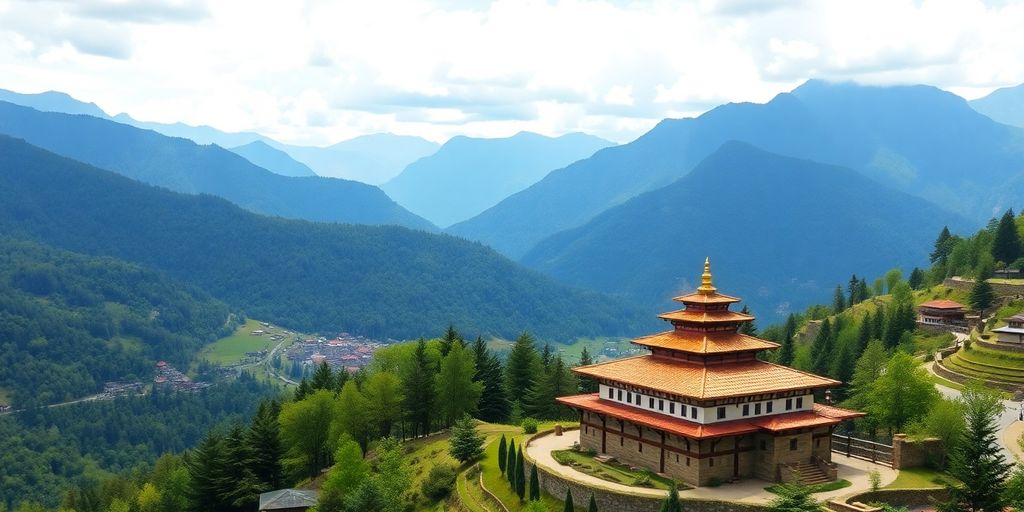 Grüne Landschaft in Bhutan mit nachhaltigen Bitcoin-Mining-Anlagen.
