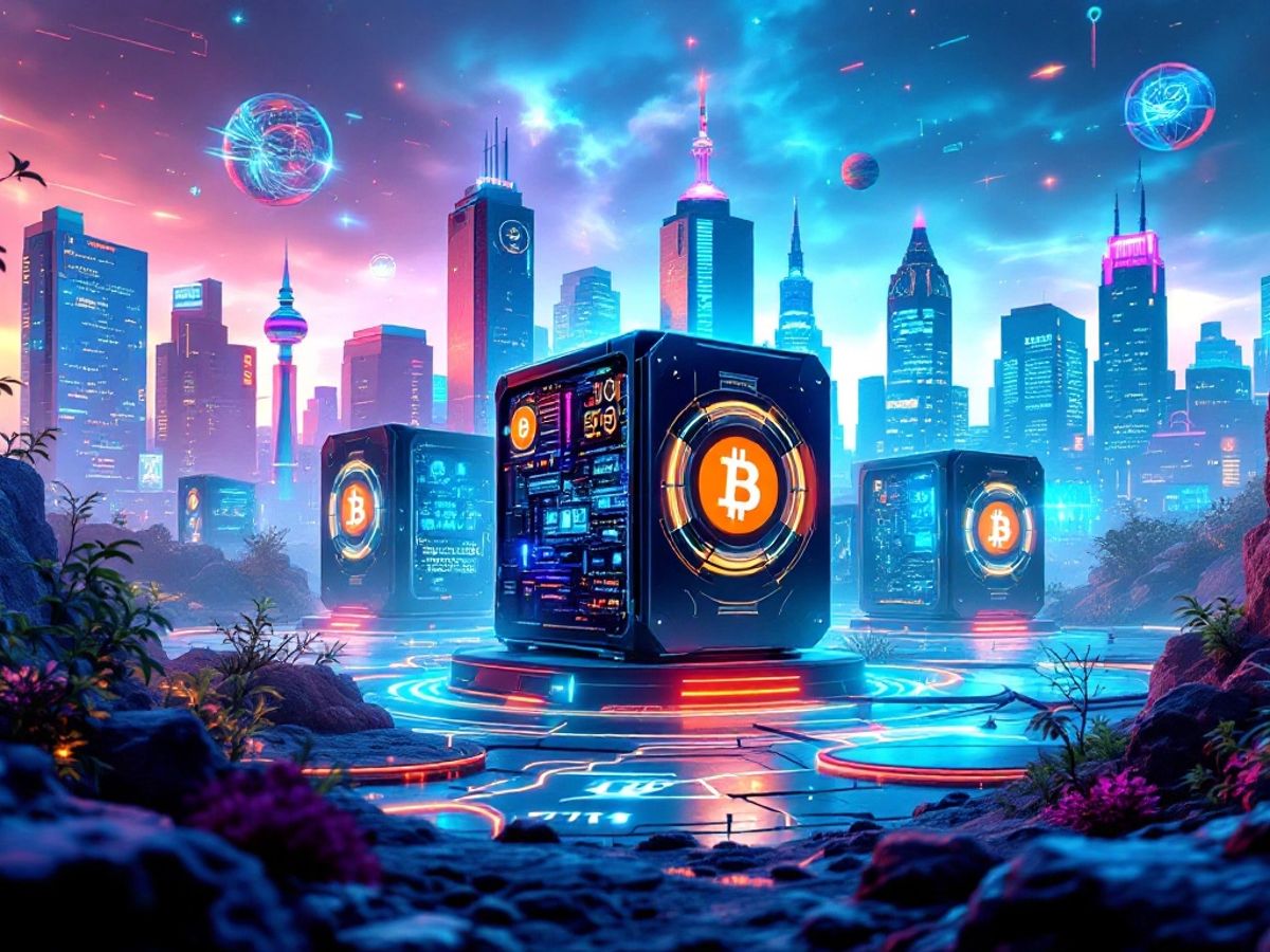 Futuristische Bitcoin-Miner in einer digitalen Landschaft.