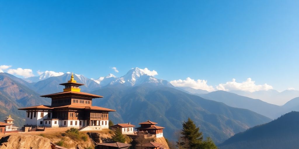 Blick auf Bhutan mit Bergen und traditioneller Architektur.