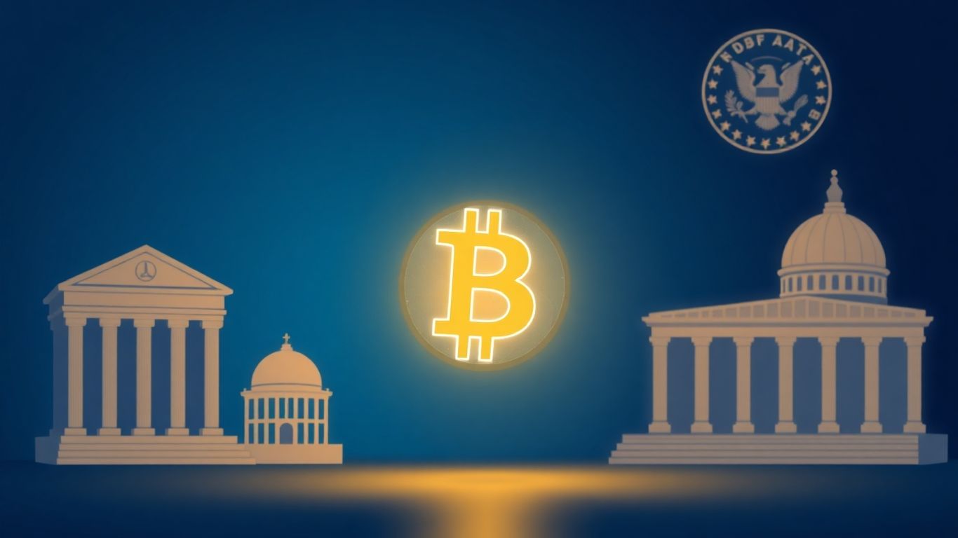 Bitcoin-Symbol umgeben von institutionellen und staatlichen Symbolen.