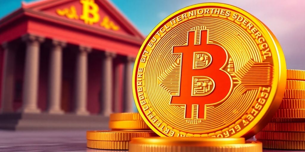 Bitcoin-Münzen vor einer Bankkulisse.